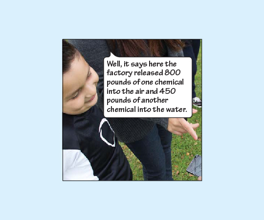 Rosie answers “Well, it says here the factory released 800 pounds of one chemical to the air and 450 pounds of another chemical into the water.”