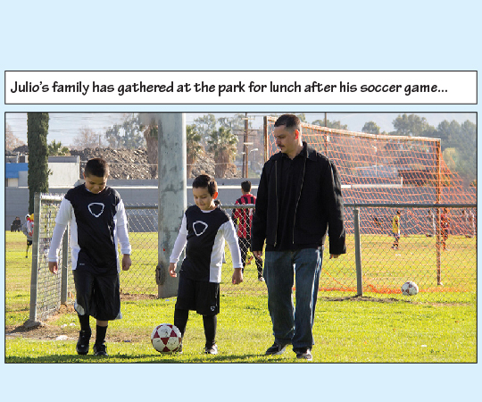 Brothers Julio and Johnny kick a soccer ball together while walking with their father, Cesar, in the park.