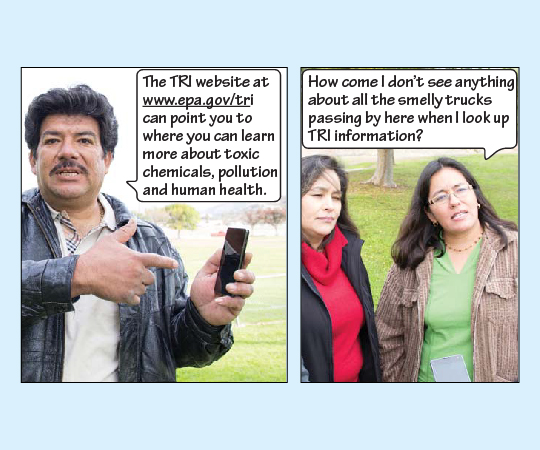 Miguel says, "The TRI website at www.epa.gov/tri can point you to where you can learn more about toxic chemicals, pollution, and human health." Lupe asks, "How come I don't see anything about all the smelly trucks passing by here when I look up TRI information?"