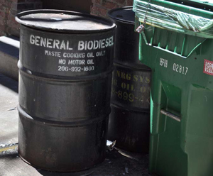 55 gallon drum labeled "GENERAL BIODIESEL: Waste Cooking Oil Only - NO MOTOR OIL"