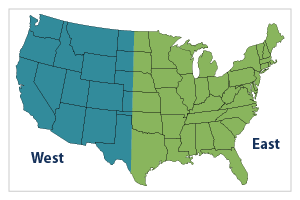 Reference map showing how the contiguous 48 states have been divided into west and east for Figure 2. The dividing line is 100 degrees west longitude.