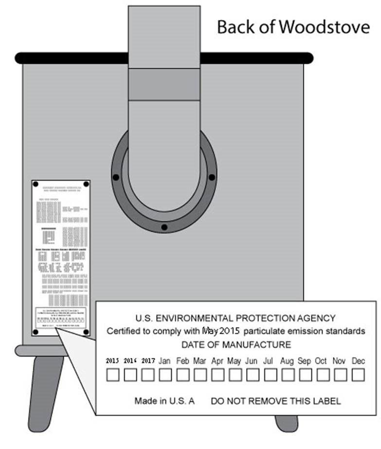 back of woodstove- label