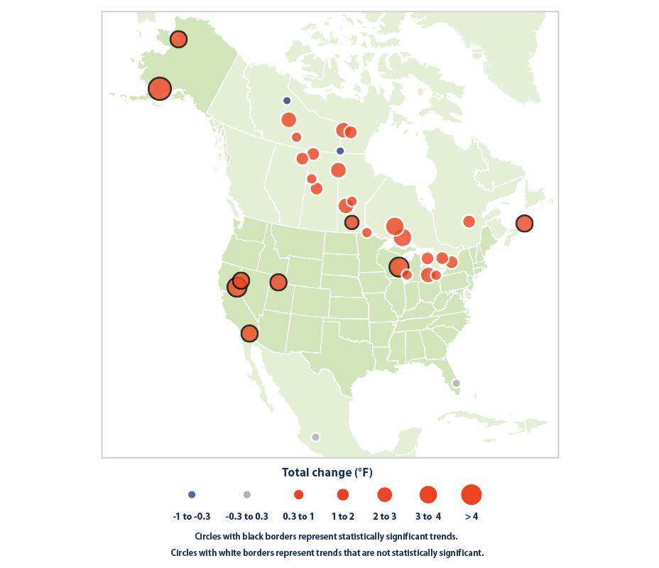 Map showing the total change in average summer surface water temperatures of lakes in North America between 1985 and 2009.