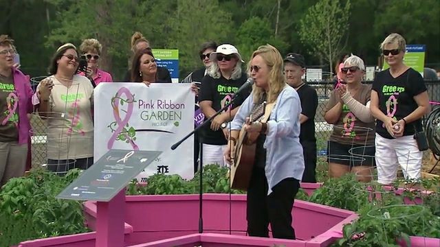 Group of people in the Pink Ribbon Garden one person is playing a guitar