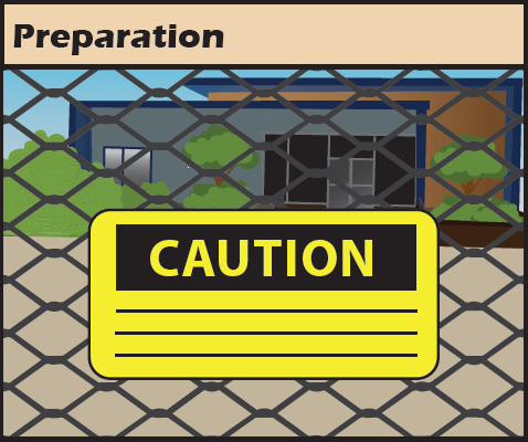 a chain-link fence with a 'Caution' sign