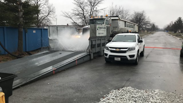 Trucks being decontaminated before leaving Zone 1