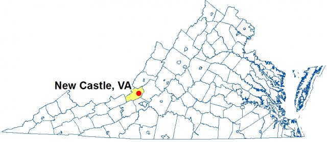 A map of Virginia highlighting the location of New Castle