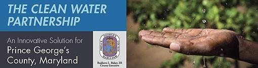 A hand catching water droplets as part of a graphic for the Clean Water Partnership