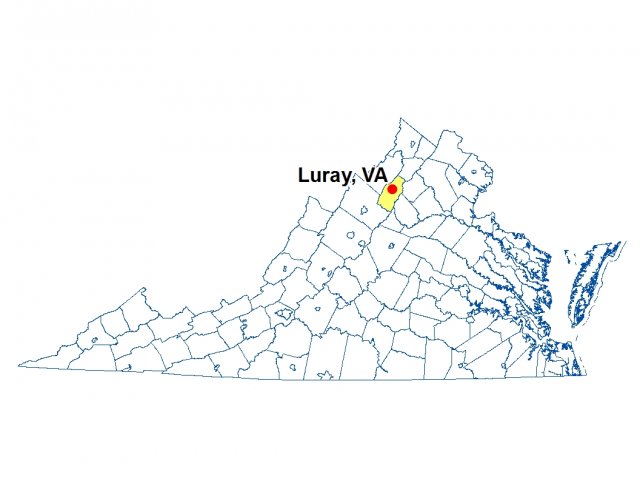 A map of Virginia highlighting the location of Luray