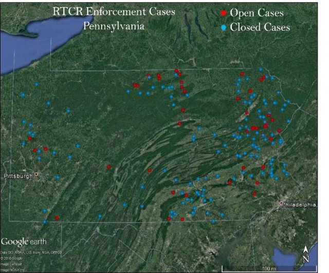 A map of Pennsylvania highlighting the locations of open and closed enforcement cases related to the Revised Total Coliform Rule.