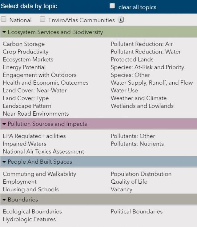 Screenshot of the EnviroAtlas interactive map filter search showing Ecosystem Services and Biodiversity data and other topics.