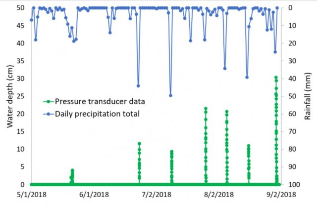 a graph. left y axis water depth in cm, right y axis rainfall in mm, x axis the date 5/1 to 9/2 2018. Two series one is pressure transducer data which mostly increase with rainfall and water depth over time. The 2nd series is daily total rainfall 