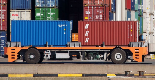 Photo of automatic guided vehicle transporting two 20-foot containers