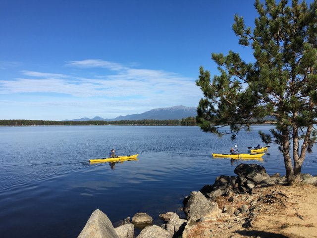 Canoes in Millinocket Lake with Mt. Katahdin in the background, Millinocket, Maine 