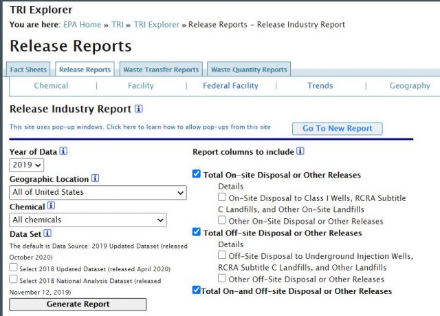 The TRI Explorer landing screen, where users can customize their TRI data search