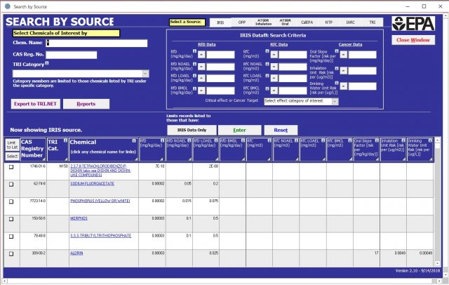 Screenshot from the tool with information on the toxicity of TRI chemicals