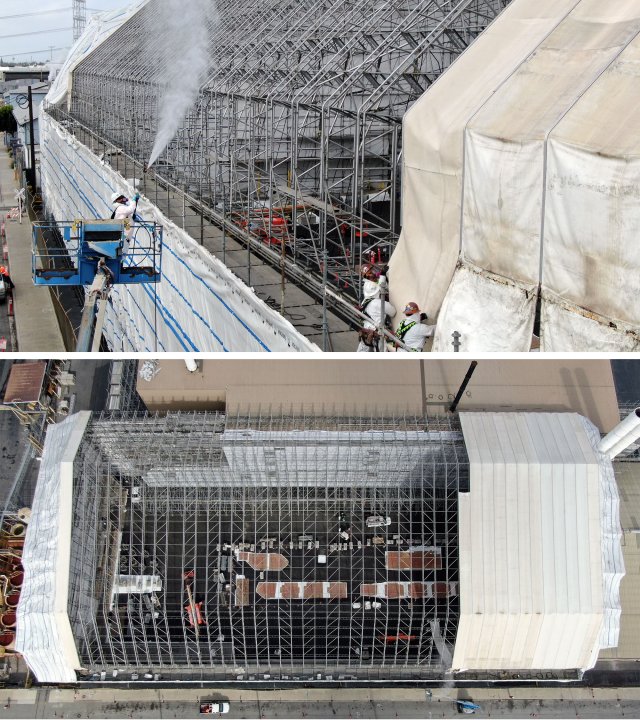 Images of full-enclosure unit: aluminum scaffolding with canvas or plastic cover