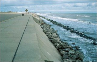 The Galveston Seawall stretches for many miles along the Gulf of Mexico.