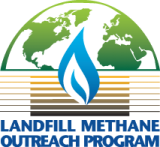 Landfill Methane Outreach Program Logo - Image of a green earth above a blue flame