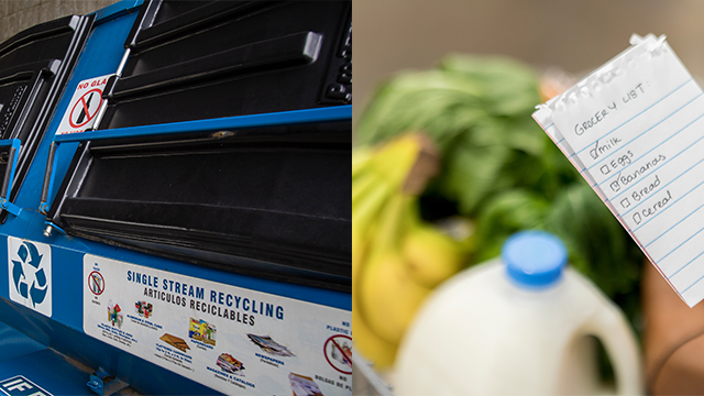 This is a collage of two pictures. One is of a large recycling bin and the other is of a grocery list with a few items on it and milk, bananas and greens in the background.