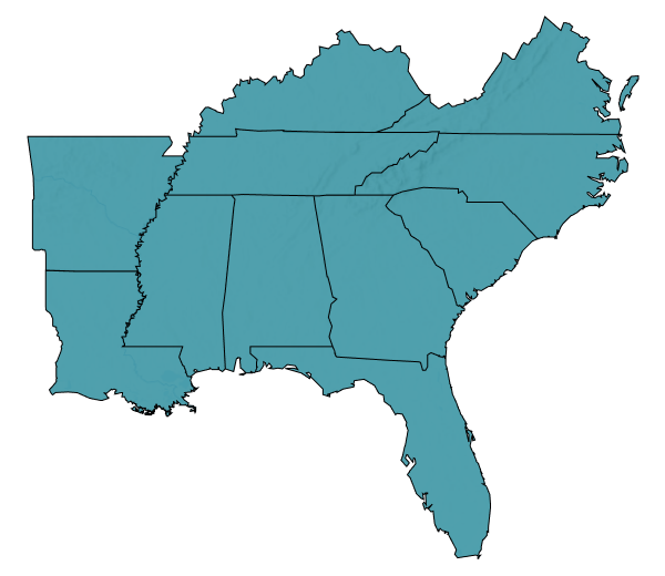 Screenshot of Southeast region, shaded in teal