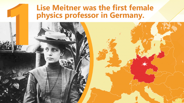 Lise Meitner next to a map of Europe with Germany highlighted