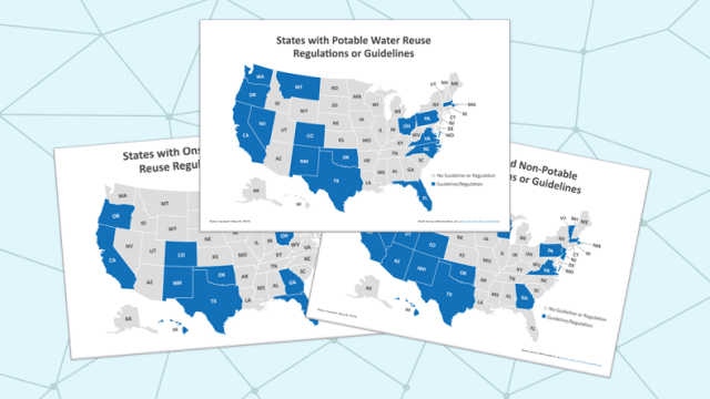 Compiled image of three maps showing various states with water reuse guidelines or regulations.