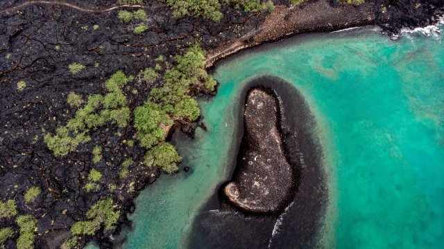 Bird's eye view of a shoreline of a Pacific island. 