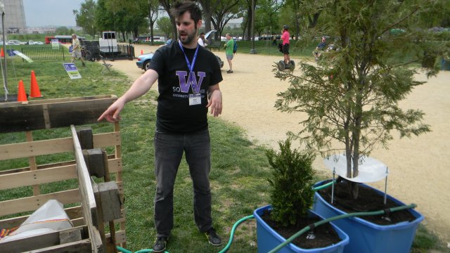 University of Washington student standing outside and pointing to some wood pallets while standing next to two small and mid-size conifer trees in blue tubs