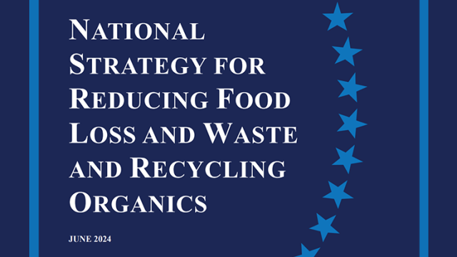 Screen shot of the cover page for the National Strategy for Reducing Food Loss and Waste and Recycling Organics with that title and a line of blue stars on it