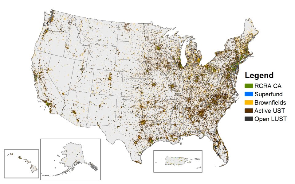 This image georeferences all sites across EPA's Office of Land and Emergency Management programs on a map of the United States.