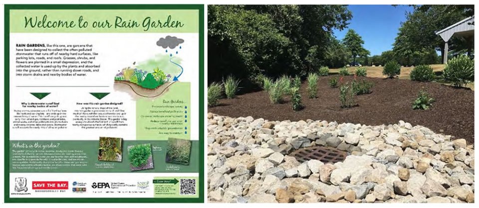 On the left, educational Rain Garden poster posted for visitors to learn about how rain gardens can mitigate stormwater impacts. On the right, Rain Garden in Kimball Pavilion, Ninigret Park, Charlestown, RI.