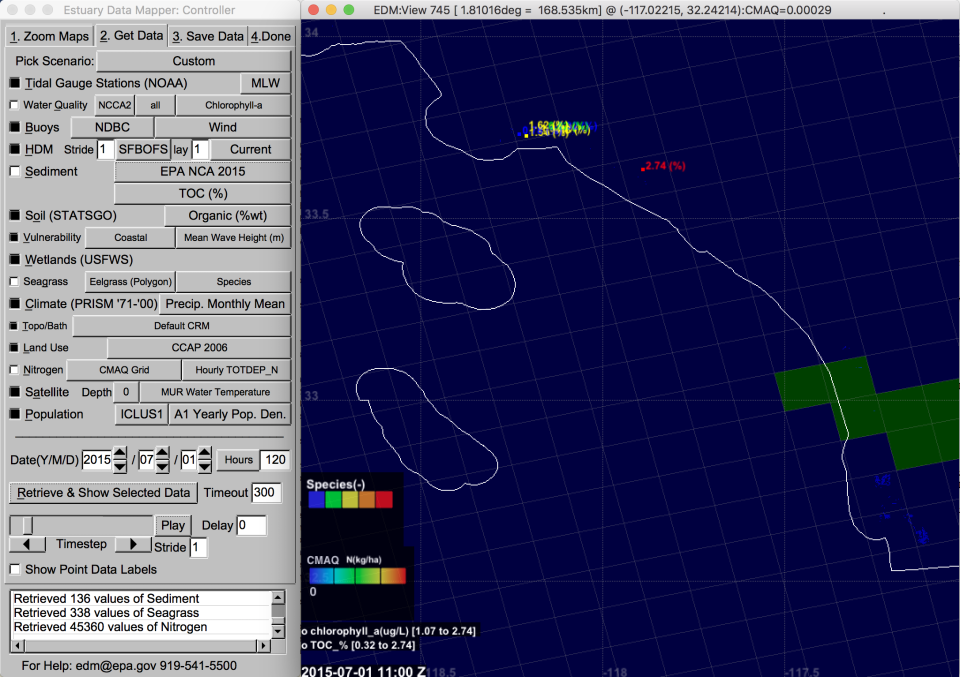 New datasets selectable from the EDM UI for water quality, sediment, seagrass, and nitrogen.