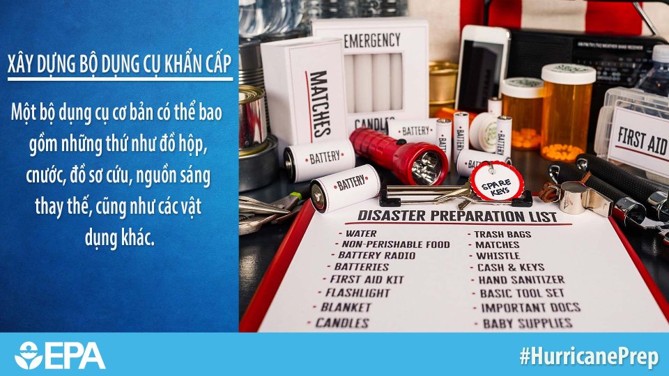 Image of household articles and a list of items for emergency kit