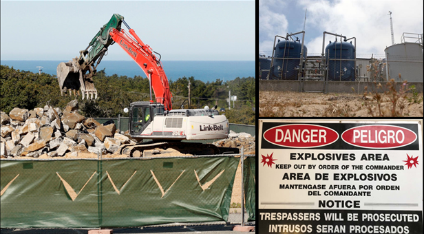 Scenes of demolition, a crane, and a sign reading 'danger, explosives area, keep out by order of the commander, trespassers will be prosecuted.'