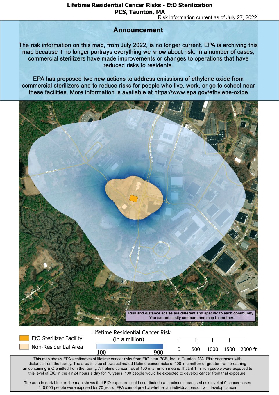 This map shows EPA's estimate of lifetime cancer risks from breathing ethylene oxide near Professional Contract Sterilization, Inc. (PCS)  located at 40 Myles Standish Boulevard in Taunton, Massachusetts.  Estimated cancer risk decreases with distance from the facility.  Nearest the facility, the estimated lifetime cancer risk is 900 in a million. This drops to 100 in a million and extends to include parts of  Hill Street, Robert W. Boyden Road, Myles Standish Boulevard, Robert Treat Paine Drive, John Quincy Adams Road,  John Hancock Road, Crane Avenue and Crane Avenue South, Harvey Street, Dickenson Drive, Alcott Circle, and Crane Street within the towns of Taunton and Norton, Massachusetts.