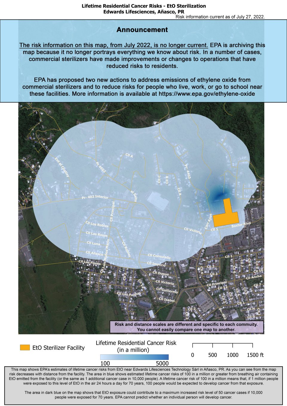 Este mapa muestra la estimación de la EPA acerca de los riesgos de cáncer de por vida al respirar óxido de etileno cerca de Edwards Lifesciences situada en el Parque Industrial Carr. PR-402, Km. 1.4 N, Añasco, PR.  El riesgo estimado de cáncer disminuye al alejarse de la instalación.  Más cerca de la instalación, el riesgo estimado de cáncer de por vida es de 5,000 en un millón. Esta baja a 100 en un millón y se extiende cerca de la Carretera PR-402 Km. 2.9 al oeste, PR-4403 al norte, Urbanización Residencial Valle Real al suroeste.