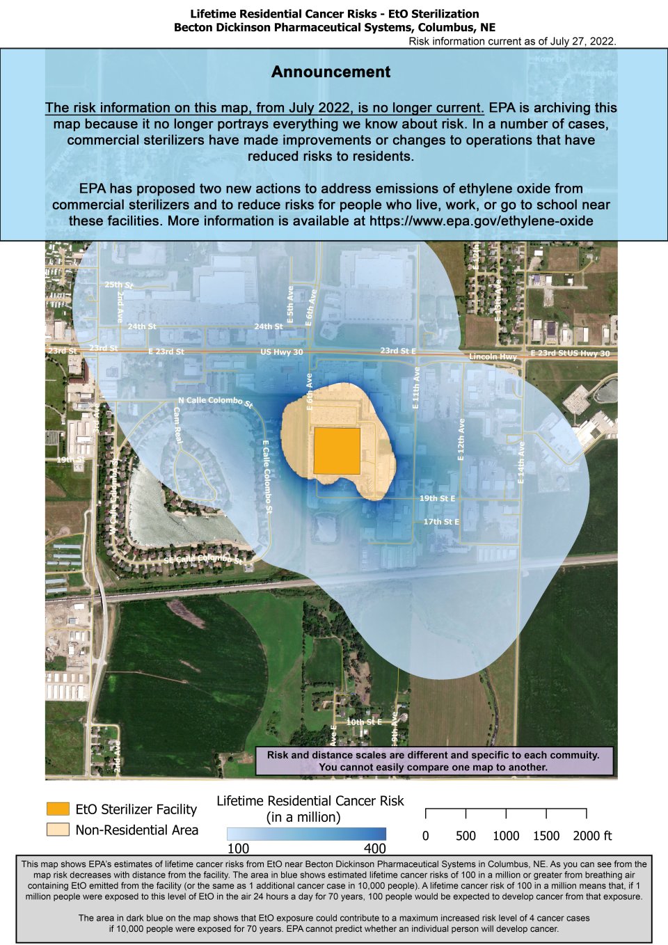 Este mapa muestra la estimación de la EPA acerca de los riesgos de cáncer de por vida al respirar óxido de etileno en el aire ambiente cerca de Becton Dickinson Pharmaceutical Systems, 920 E. 19th Street, Columbus, NE. El riesgo estimado de cáncer disminuye al alejarse de la instalación. Más cerca de la instalación, el riesgo estimado de cáncer de por vida es de 400 en un millón. Este riesgo se reduce a 100 en un millón y se extiende a 8th Street al sur, 10th Avenue al oeste, casi a 23rd Avenue al este y 38th Street al norte.