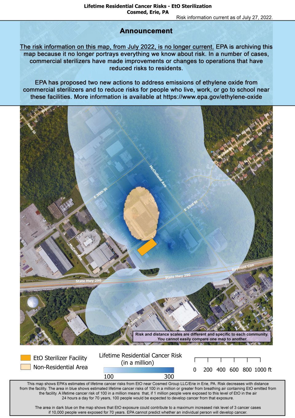 Este mapa muestra la estimación de la EPA acerca de los riesgos de cáncer de por vida al respirar óxido de etileno cerca de Cosmed, 2205 East 33rd St Erie, PA. El riesgo estimado de cáncer disminuye al alejarse de la instalación. Más cerca de la instalación, el riesgo estimado de cáncer de por vida es de 300 en un millón. Este riesgo baja a 100 en un millón y se extiende hacia el norte hasta la intersección de Everett Dr. y Bird Dr., al sur hasta la intersección de E 38th St. y Nancy Ave., al este hasta Long's School of Dance y al suroeste hasta la intersección de E 35th St. y Rome Dr.