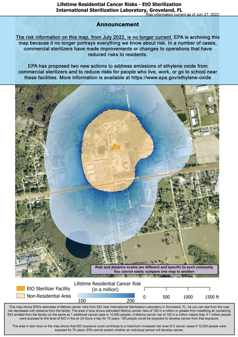 Este mapa muestra la estimación de la EPA de los riesgos de padecer cáncer de por vida por respirar óxido de etileno cerca de International Sterilization Laboratory ubicado en 217 Sampey Road, Groveland, FL.  El riesgo estimado de padecer cáncer disminuye en la medida en que se mantenga una distancia con respecto a  la instalación.  En la zona más cercana a la instalación, el riesgo estimado de padecer cáncer de por vida es de 200 por 1 millón de personas. Esto se reduce a 100 en un millón y se extiende uno