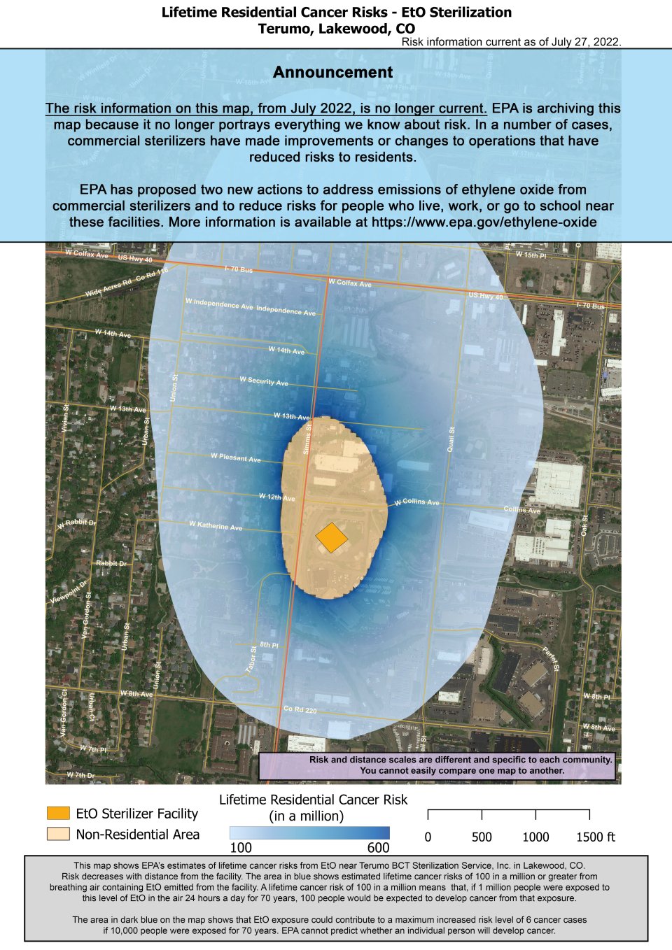 Este mapa muestra la estimación de la EPA de los riesgos de padecer cáncer de por vida por respirar óxido de etileno cerca de Terumo, ubicado en 10811 Collins Ave, en Lakewood, CO. El área en azul muestra los riesgos de padecer cáncer de por vida estimados de 100 en un millón o más por respirar aire que contenga EtO emitido por la instalación. En la zona más cercana a la instalación, el riesgo estimado de padecer cáncer de por vida es de 624 por 1 millón de personas. El riesgo estimado de padecer cáncer dis