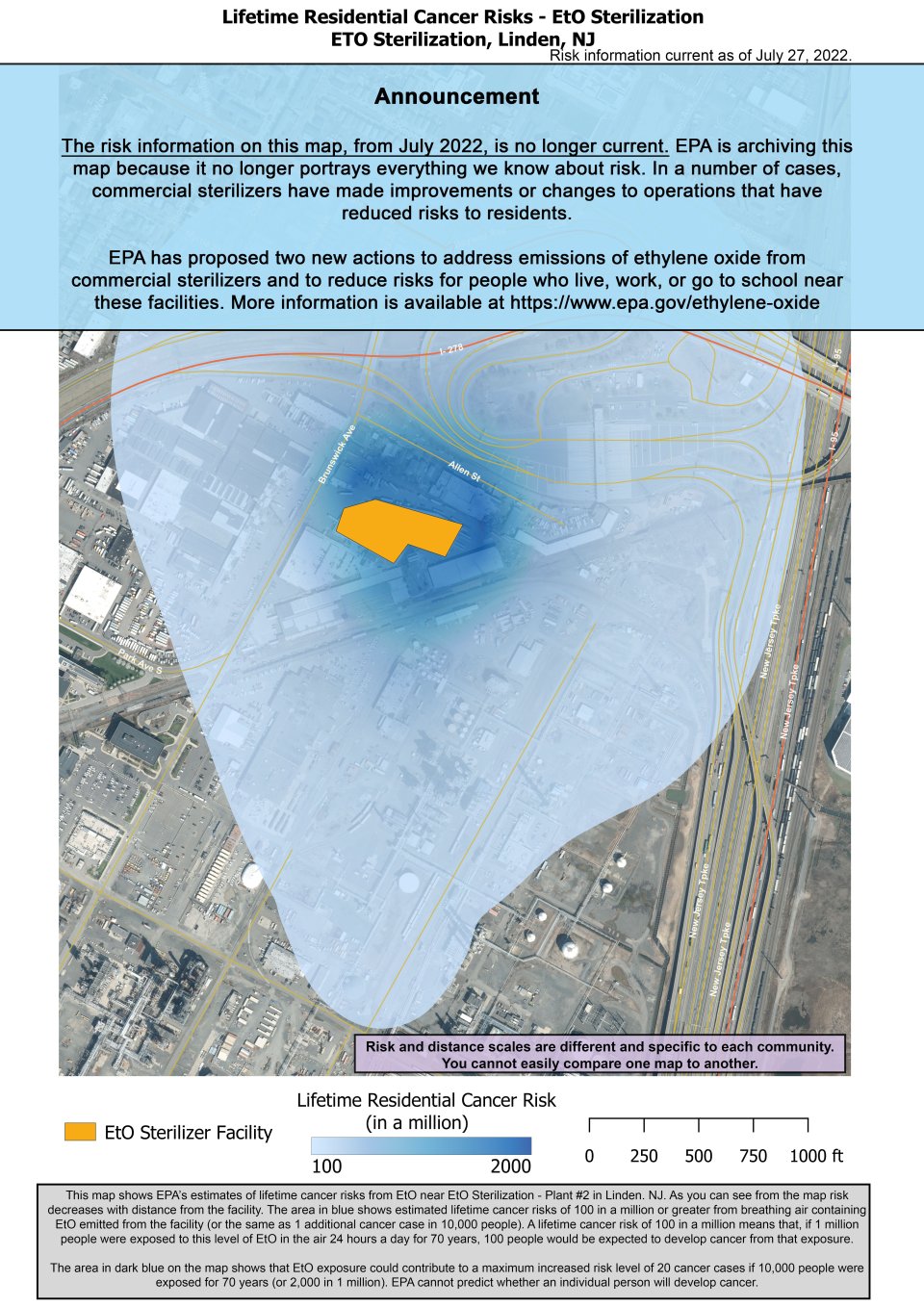 Este mapa muestra la estimación de la EPA de los riesgos de padecer cáncer de por vida por respirar óxido de etileno cerca de la planta de esterilización de EtO n.° 2 ubicada en 2500 Brunswick Avenue Linden, NJ.  El riesgo estimado de padecer cáncer disminuye en la medida en que se mantenga una distancia con respecto a la instalación.  En la zona más cercana a la instalación, el riesgo estimado de padecer cáncer de por vida es de 2,000 por 1 millón de personas. Esto se reduce a 100 en un millón y se extiende cerca de la I-278 al oeste, la Academia de Finanzas J. Christian Bollwage al norte, la autopista Nueva Jersey al este y la planta de cogeneración de Linden al sur.  