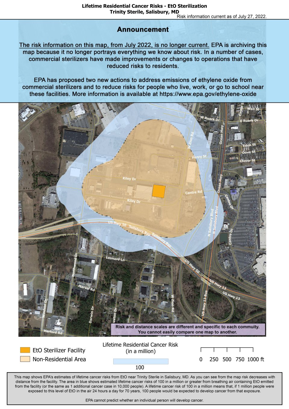 Este mapa muestra la estimación de los EPA acerca de los riesgos de cáncer de por vida al respirar óxido de etileno cerca de Trinity Sterile 201 Kiley Drive Salisbury MD. El riesgo estimado de cáncer disminuye al alejarse de la instalación. Más cerca de la instalación, el riesgo estimado de cáncer de por vida es de 100 en un millón.