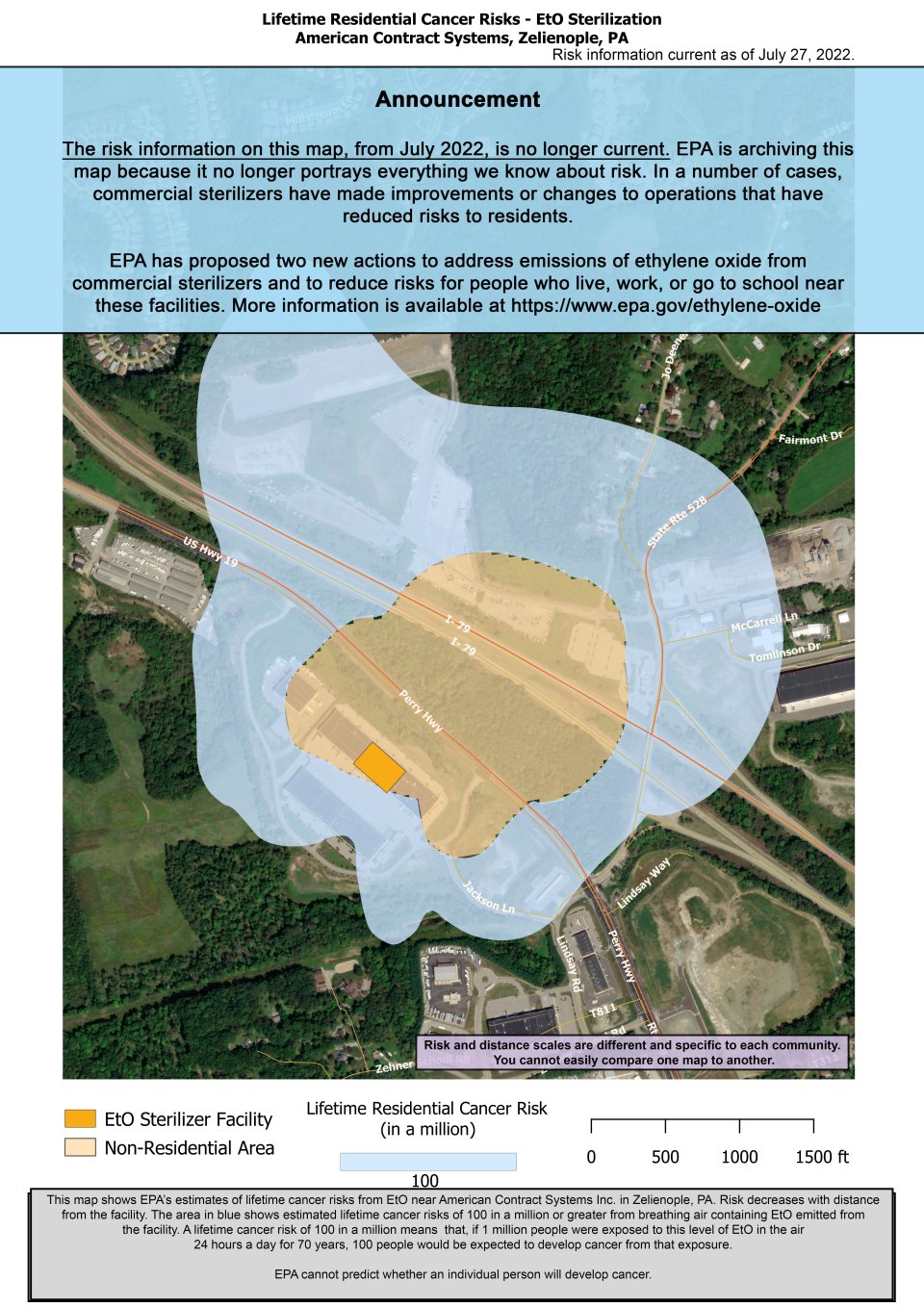  Este mapa muestra la estimación de la EPA de los riesgos de cáncer de por vida por respirar óxido de etileno cerca de American Contract Systems, 4040 Jacksons Pointe C, Zelienople, PA. El riesgo estimado de cáncer disminuye con la distancia a la instalación. Más cercano a la instalación, el riesgo estimado de cáncer de por vida es de 100 en un millón.