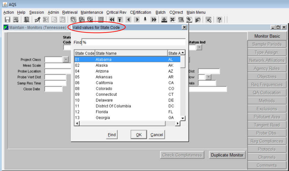 example illustrating the list of values window opening for state code