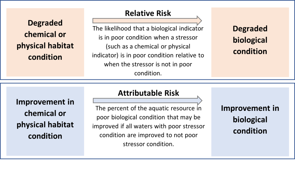 Figure depicting associations between biological condition and stressors for relative risk and attributable risk.