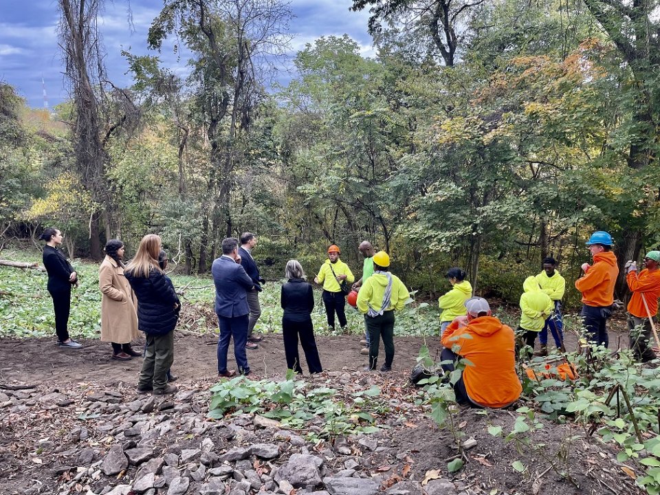 People are standing in the woods talking.