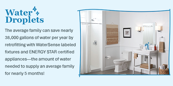 The average family can save nearly 38,000 gallons of water per year by retrofitting with WaterSense labeled fixtures and ENERGY STAR certified appliances—the amount of water needed to supply an average family for nearly 5 months!