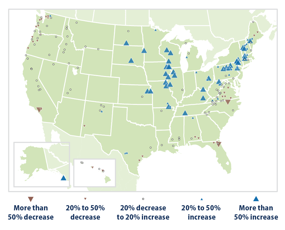 Map showing percentage changes in the minimum amount of water carried by rivers and streams across the United States.