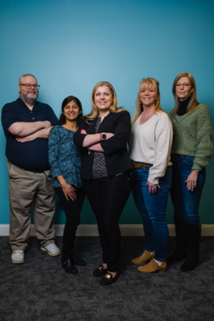 Full body photo of BioLight Toxy Team from left to right: Jim Gill, Sejal Patel, Iwona Evans, Susan Taylor, Kathy Miklas 